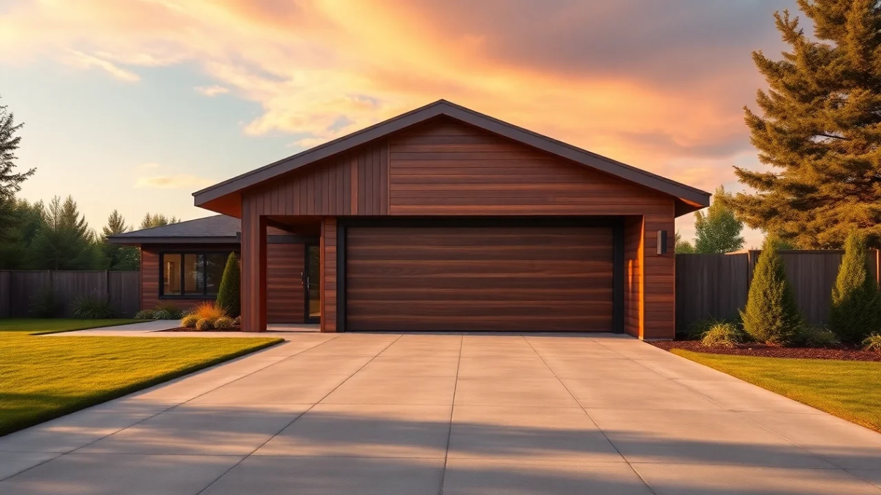 Showcase a modern custom garage with sleek design and spacious driveway, blending functionality with aesthetics.