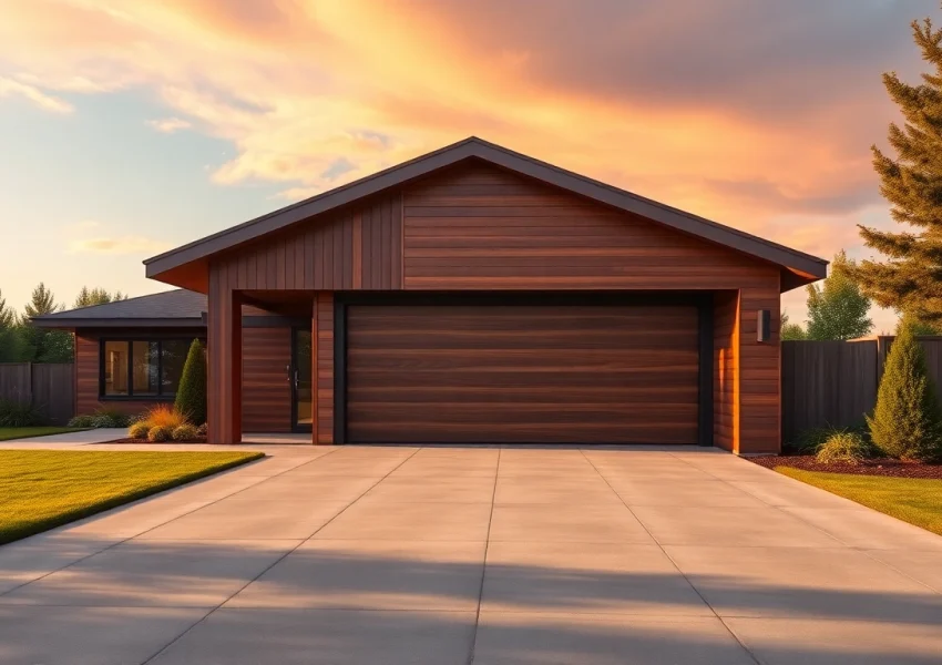 Showcase a modern custom garage with sleek design and spacious driveway, blending functionality with aesthetics.