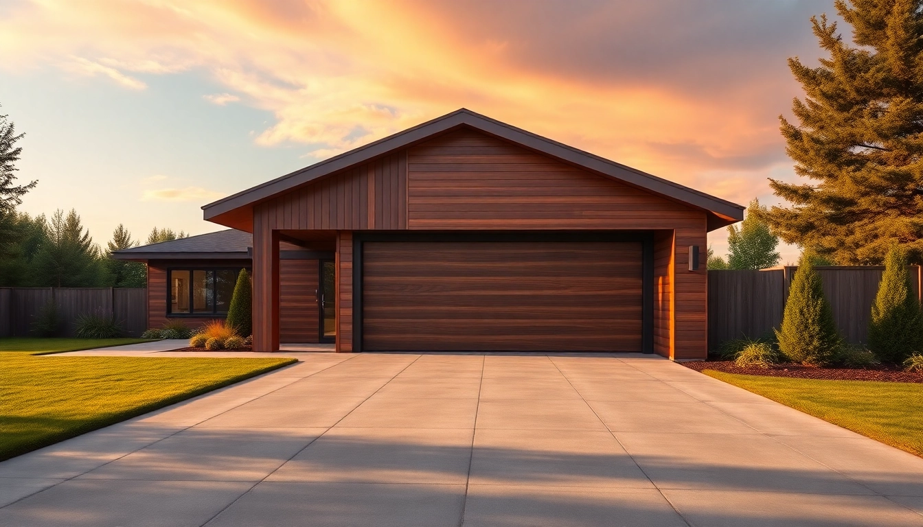 Showcase a modern custom garage with sleek design and spacious driveway, blending functionality with aesthetics.