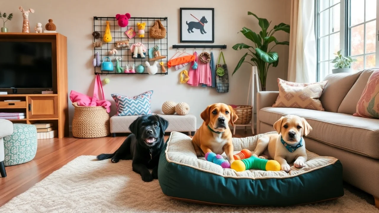 Showcasing creative pet accessories that enrich dogs' lives and style, presented in a cozy setting.