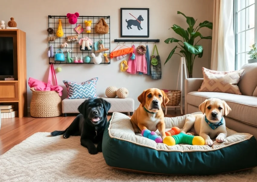 Showcasing creative pet accessories that enrich dogs' lives and style, presented in a cozy setting.