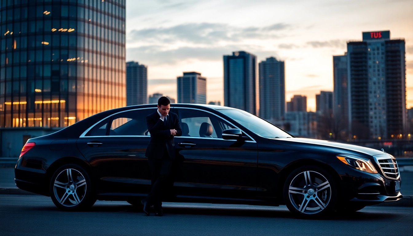 Experience professional chauffeur service Vancouver with a luxurious black sedan awaiting passengers against a stunning skyline.