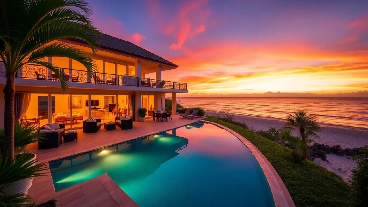 Villa sales showcasing a luxurious beachfront villa with stunning sunset views and lush landscaping.