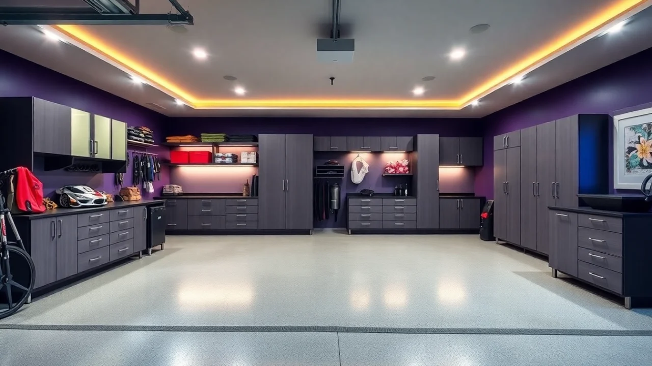 Showcase a stylish custom garage with innovative storage solutions and a bright, inviting atmosphere.