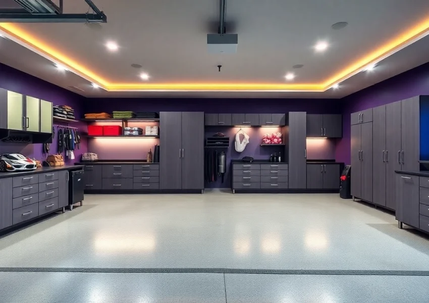 Showcase a stylish custom garage with innovative storage solutions and a bright, inviting atmosphere.