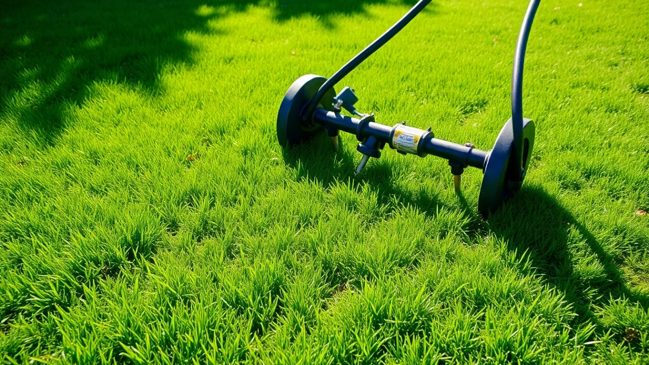 Core aeration process on a vibrant lawn enhancing soil health.