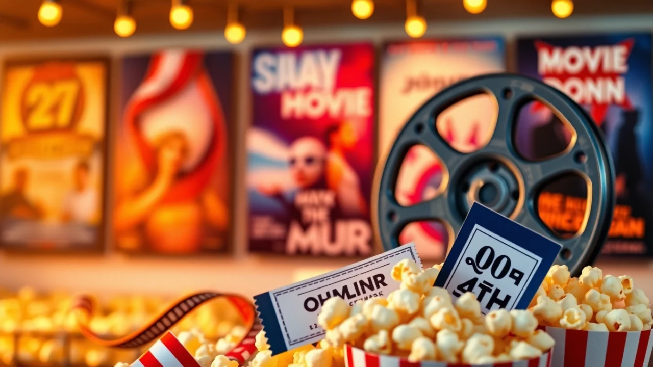 Discover movie reviews and ratings with engaging visuals, featuring vibrant film elements and captivating movie posters.