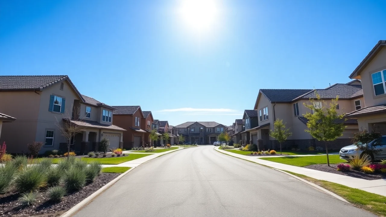 New Home Construction near me featuring modern homes in a sunny neighborhood.