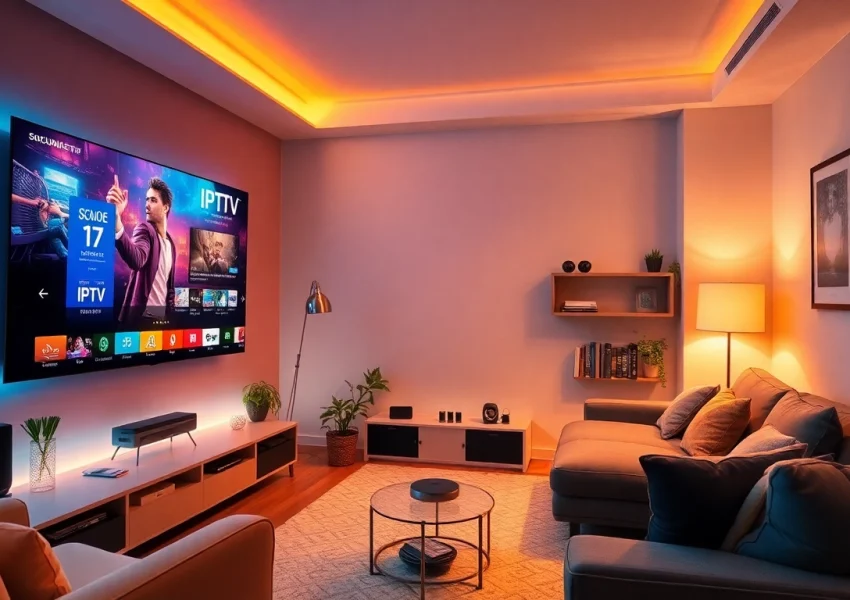 Watch IPTV Suisse in a cozy living room with vibrant content on the television.