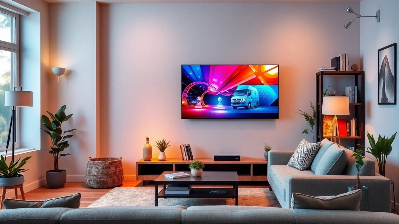 Stream IPTV content seamlessly with this stylish living room setup featuring a smart TV and cozy decor.