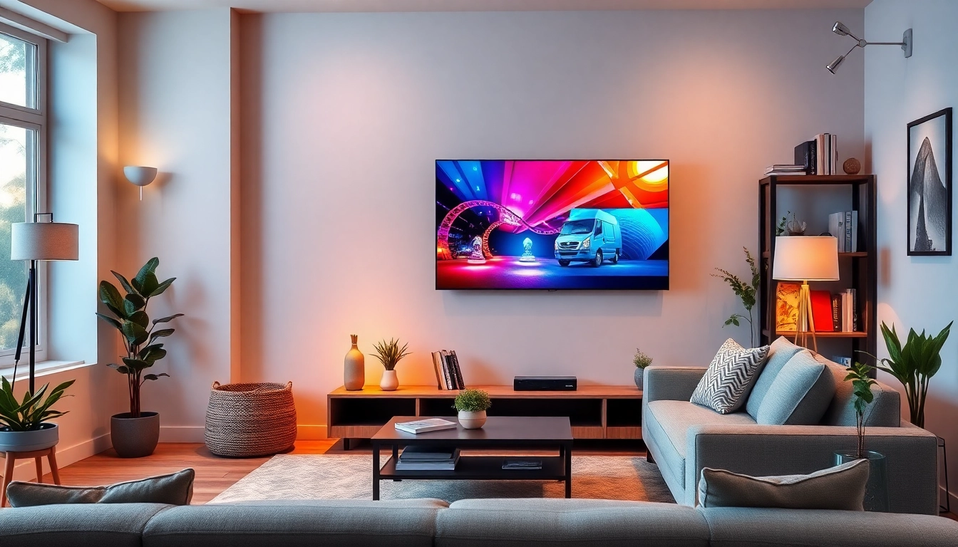 Stream IPTV content seamlessly with this stylish living room setup featuring a smart TV and cozy decor.