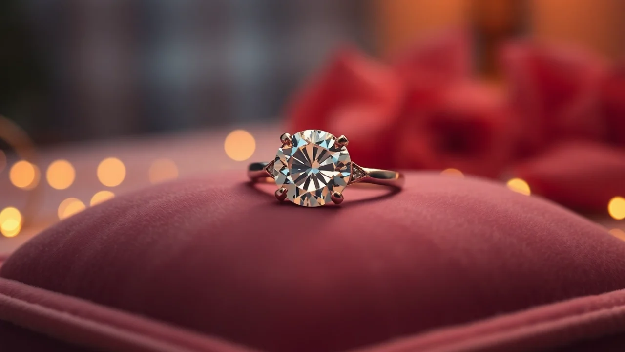 Showcase a breathtaking 2 carat engagement ring set against an elegant backdrop, emphasizing its shimmering diamond and luxurious design.