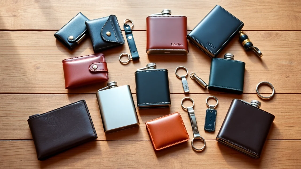 Browse an array of cheap groomsmen gifts like personalized wallets and flasks, creatively displayed.