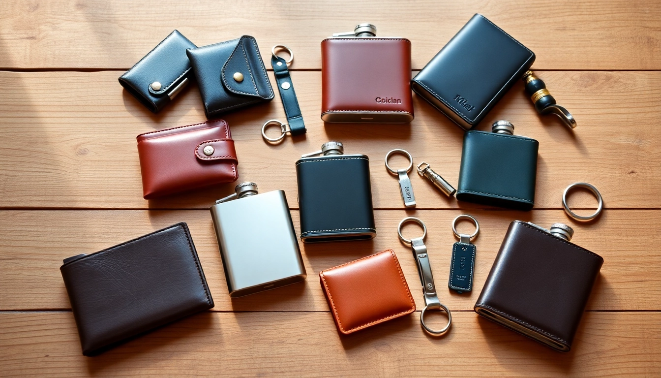 Browse an array of cheap groomsmen gifts like personalized wallets and flasks, creatively displayed.