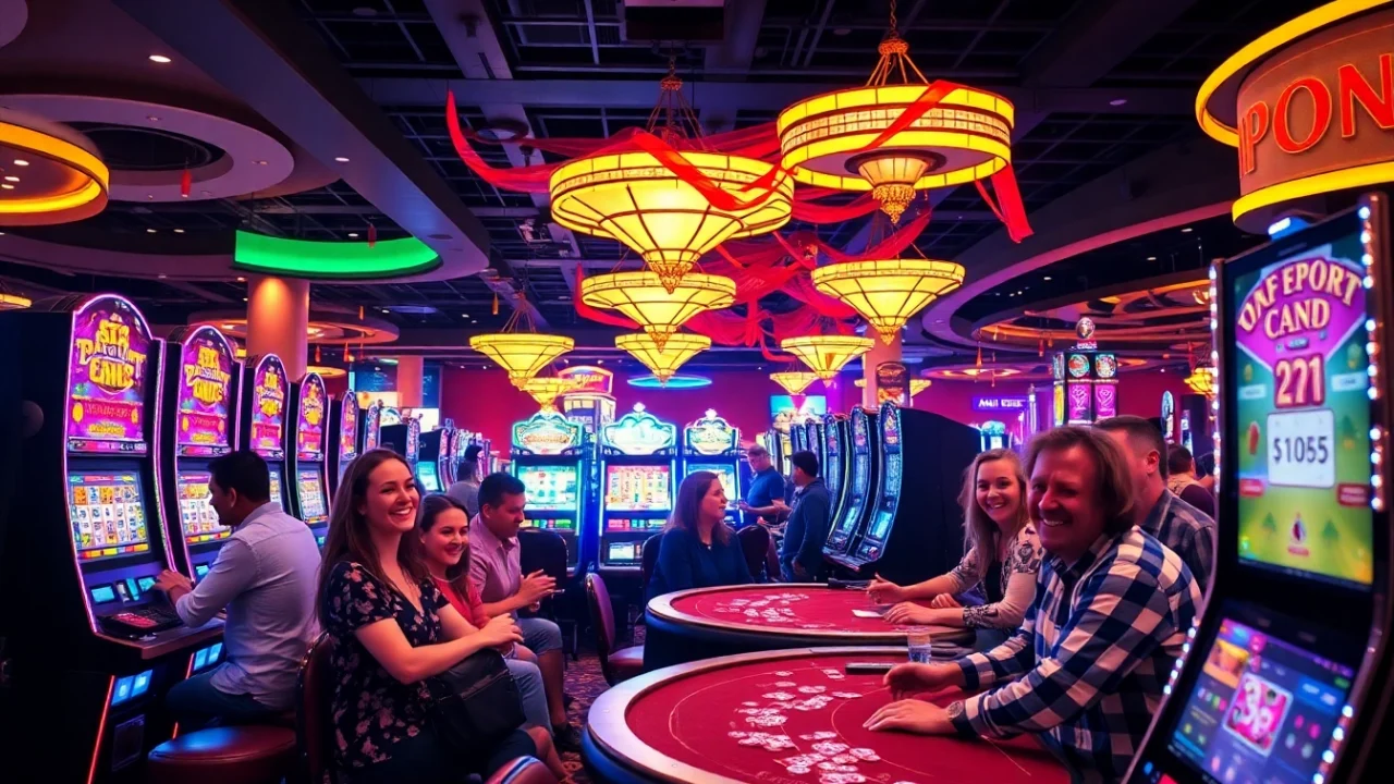 Players experiencing the thrill of the best casino game with bright slot machines and lively atmosphere.