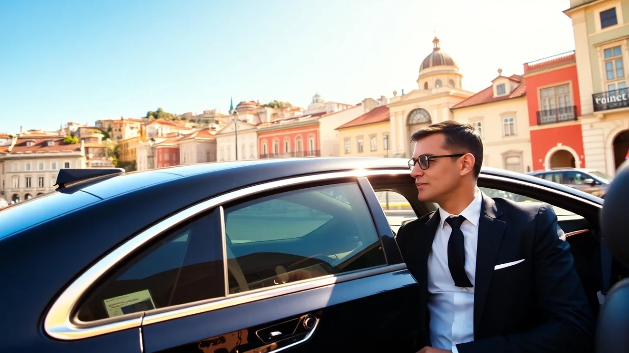 Experience cheap car rental with driver Lisbon in a stylish sedan against Lisbon's stunning backdrop.