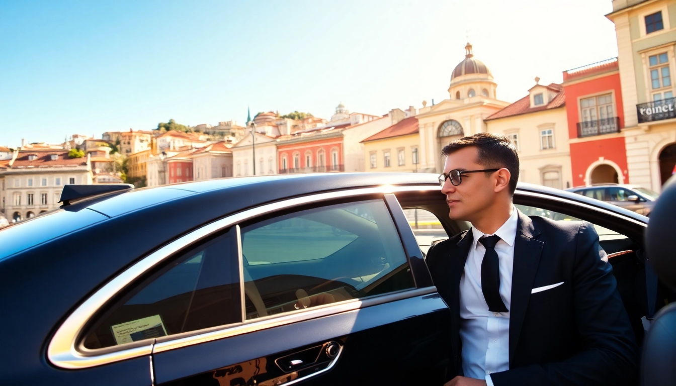 Experience cheap car rental with driver Lisbon in a stylish sedan against Lisbon's stunning backdrop.