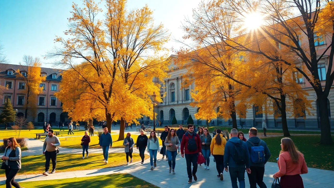 Showcase Polonya'da Üniversite Eğitimi with students on a vibrant Polish university campus.