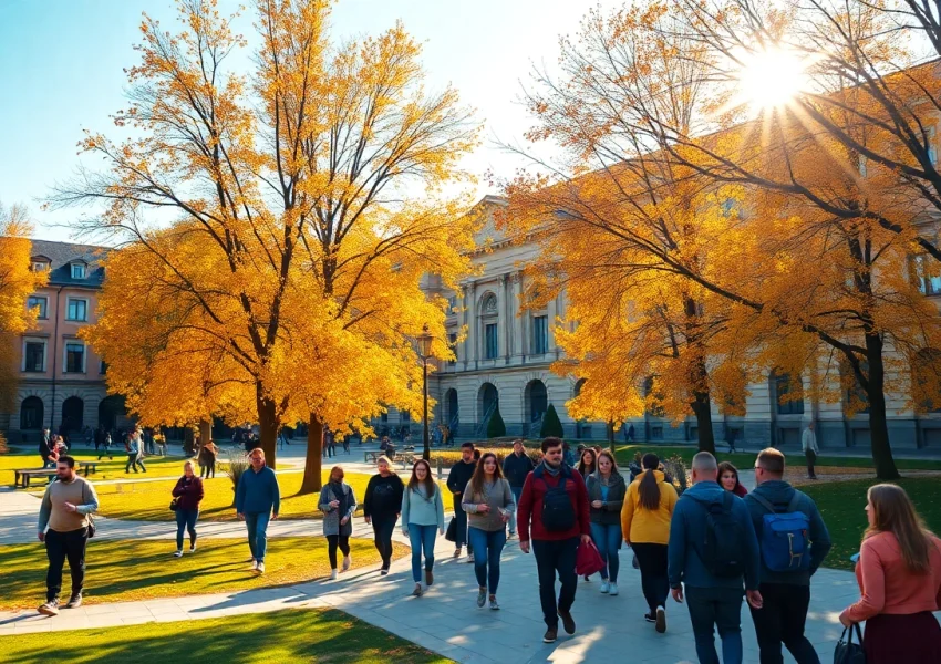 Showcase Polonya'da Üniversite Eğitimi with students on a vibrant Polish university campus.