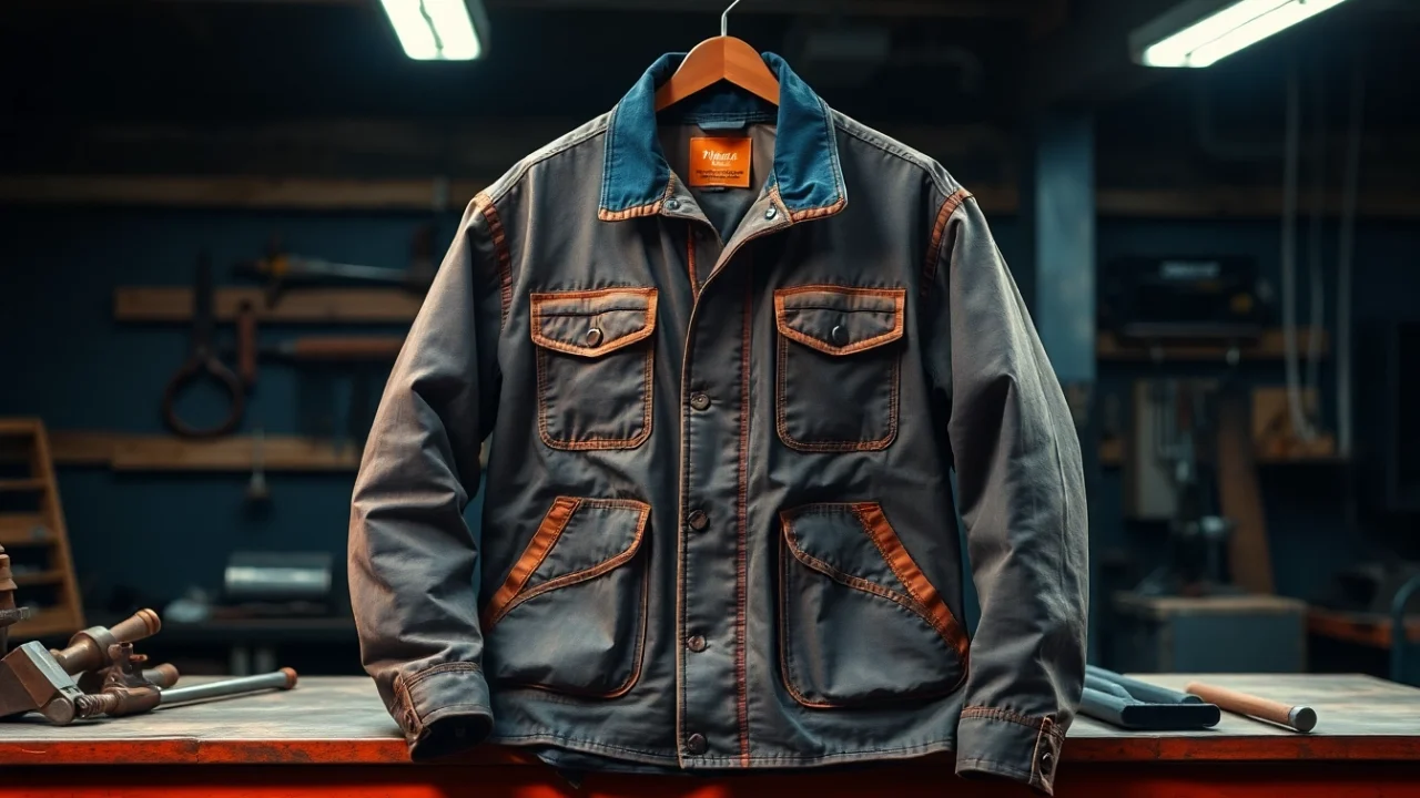 Showcasing a welding jacket with durable flame-resistant features in an industrial setting.