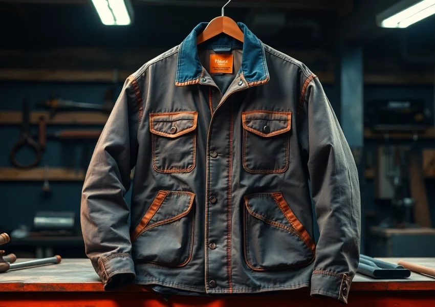 Showcasing a welding jacket with durable flame-resistant features in an industrial setting.