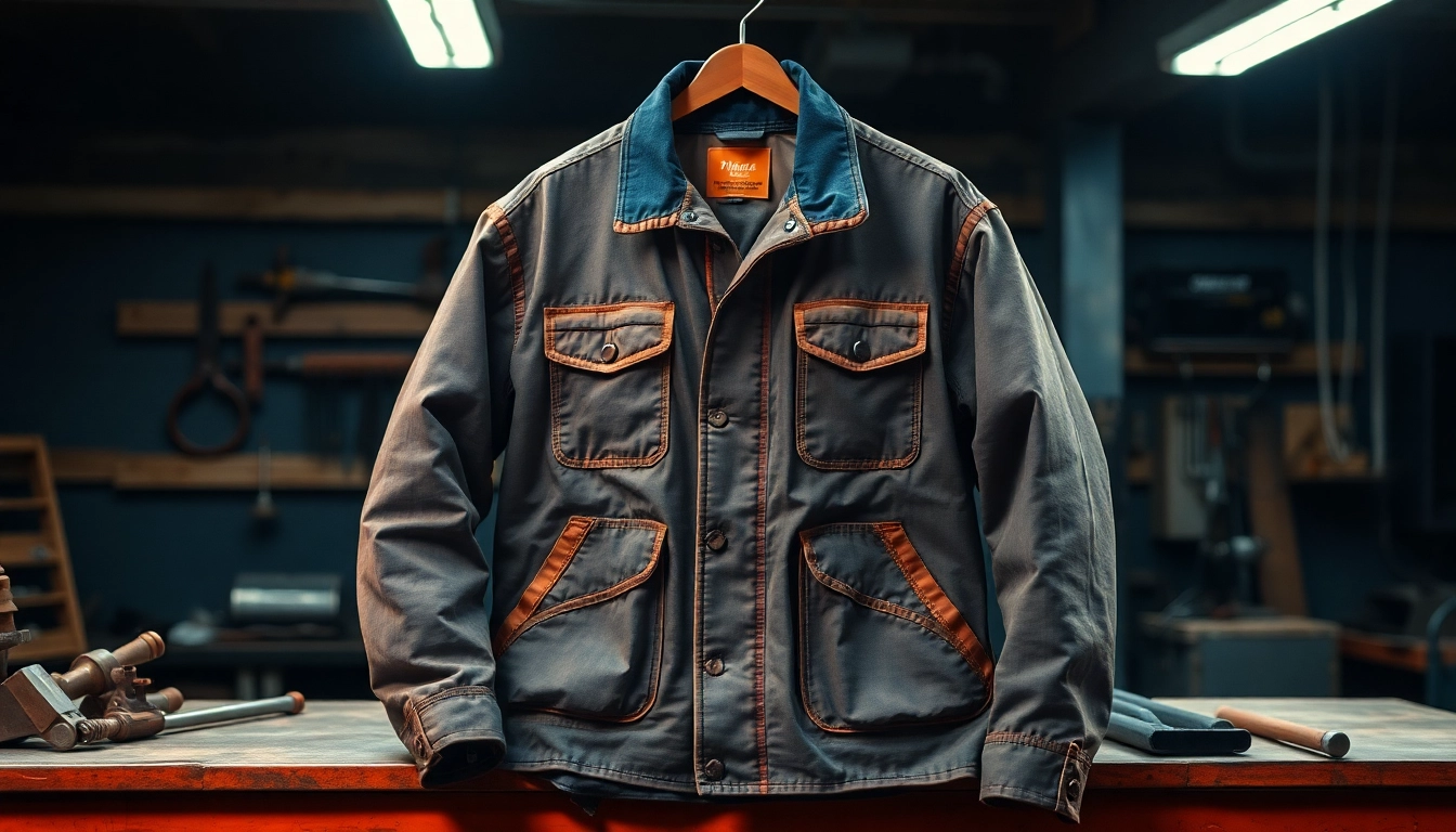 Showcasing a welding jacket with durable flame-resistant features in an industrial setting.