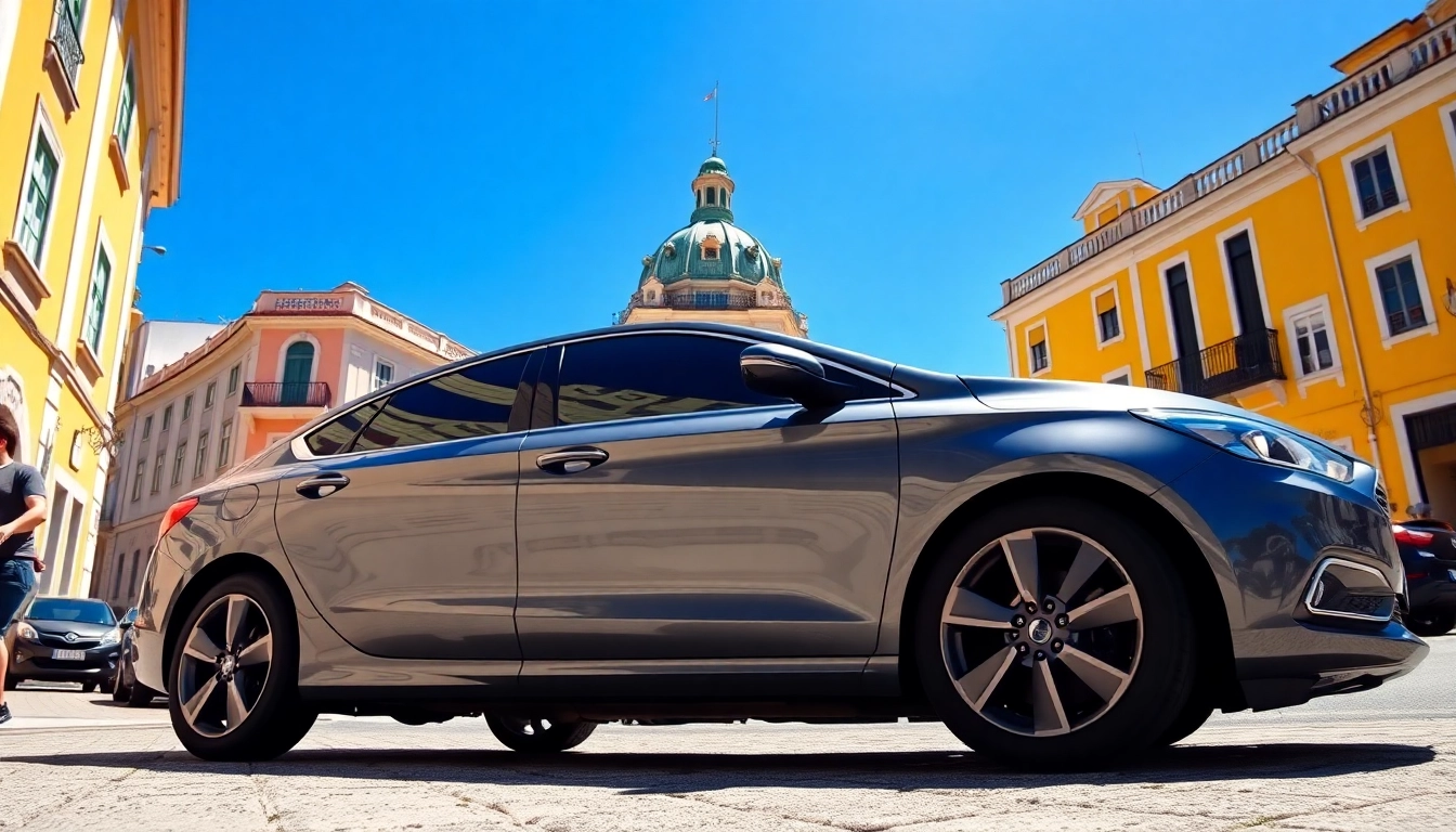 Experience cheap car rental with driver Lisbon, featuring a modern car in scenic Lisbon streets.