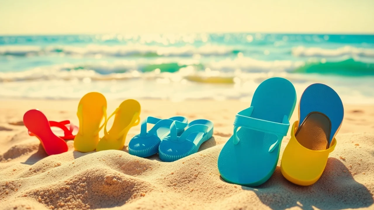 Colorful beach shoes on sandy shore highlighting More Information on stylish comfort.