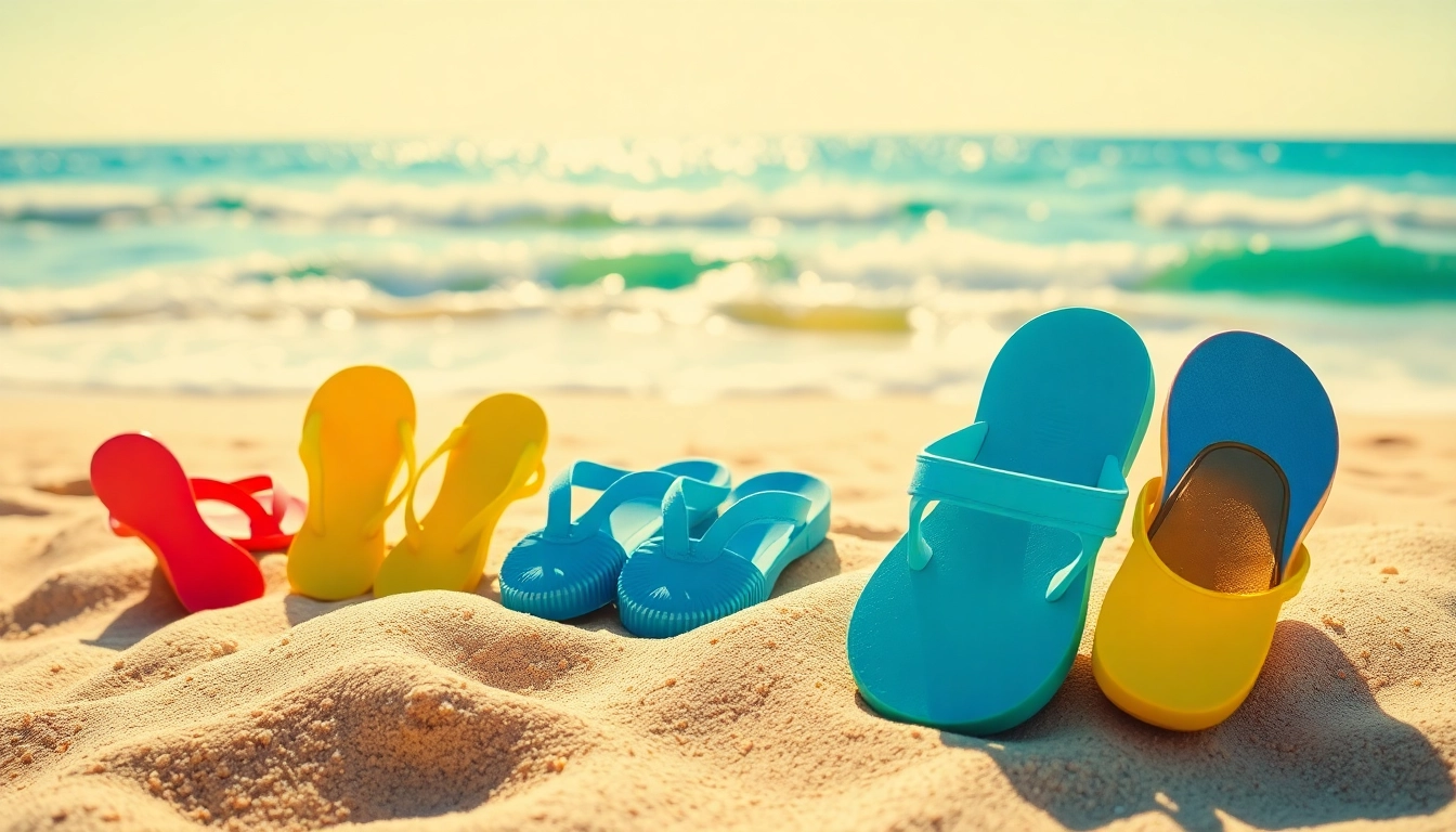 Colorful beach shoes on sandy shore highlighting More Information on stylish comfort.