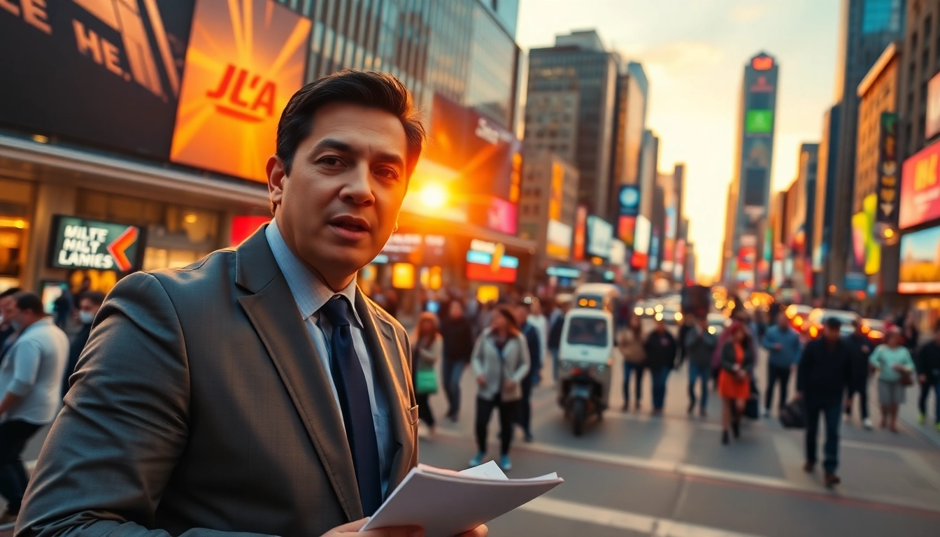 Journalist delivering breaking news in a lively city setting, reflecting the essence of News.