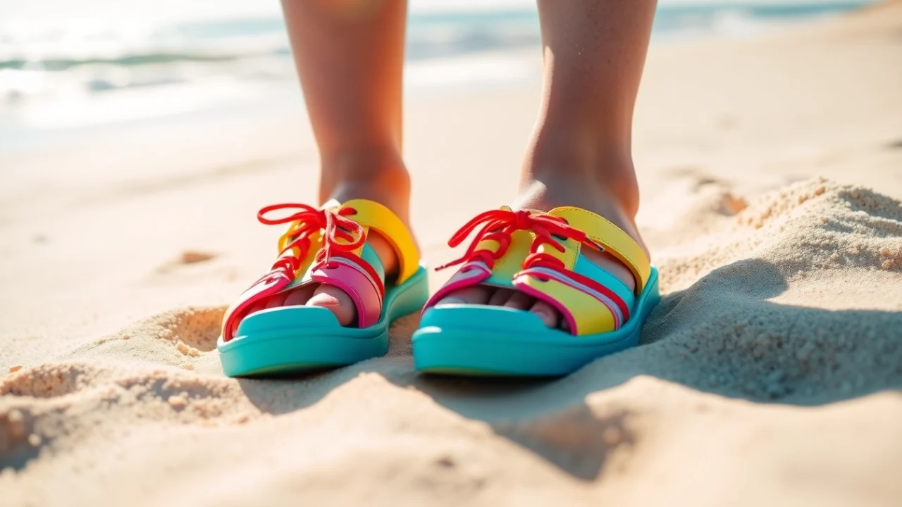 Showcasing beach shoes in vibrant colors on the sand for more information about stylish comfort footwear.