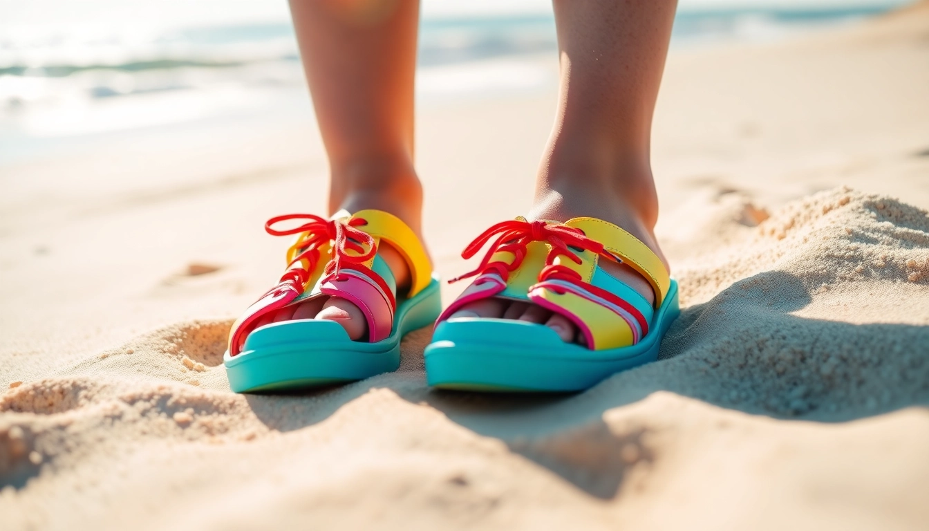 Showcasing beach shoes in vibrant colors on the sand for more information about stylish comfort footwear.