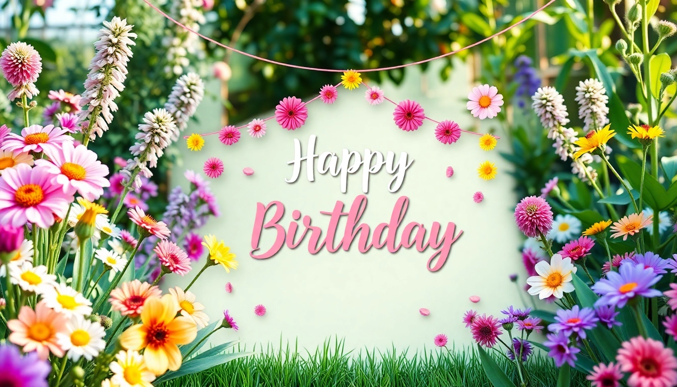 Create a colorful birthday invitation featuring floral designs and outdoor elements for a festive celebration.