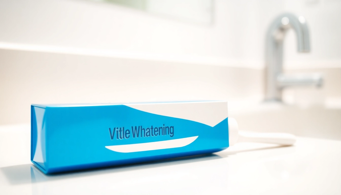 Using a teeth whitening kit on a pristine bathroom countertop for a brighter smile.