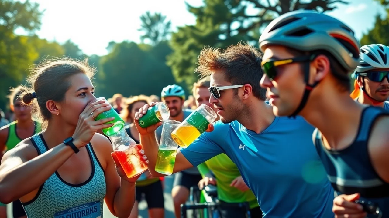 Active athletes hydrating with sportsdrink in a vibrant outdoor setting, showcasing energy and refreshment.