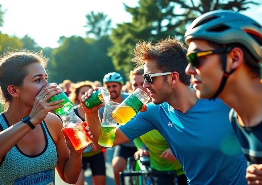 Active athletes hydrating with sportsdrink in a vibrant outdoor setting, showcasing energy and refreshment.