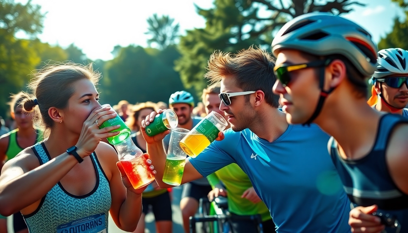 Active athletes hydrating with sportsdrink in a vibrant outdoor setting, showcasing energy and refreshment.