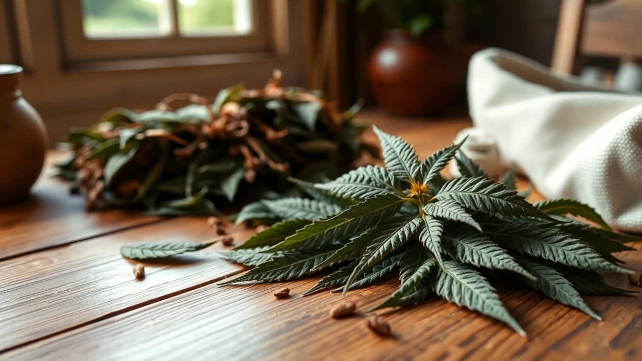 View vibrant CBD Tobacco leaves on a rustic table, highlighting their natural beauty and calming effect.