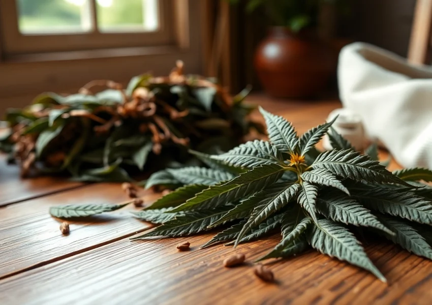 View vibrant CBD Tobacco leaves on a rustic table, highlighting their natural beauty and calming effect.