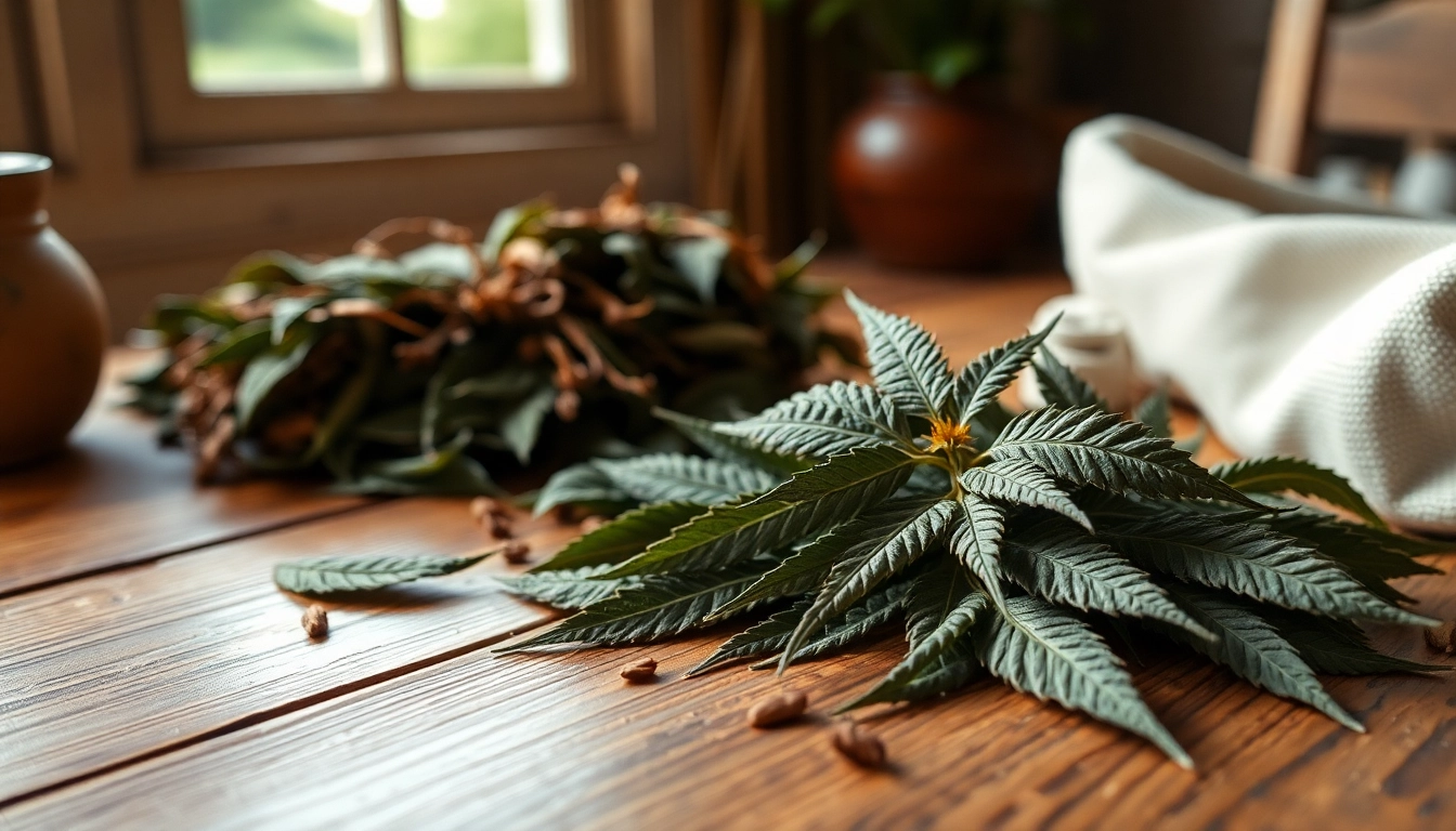 View vibrant CBD Tobacco leaves on a rustic table, highlighting their natural beauty and calming effect.