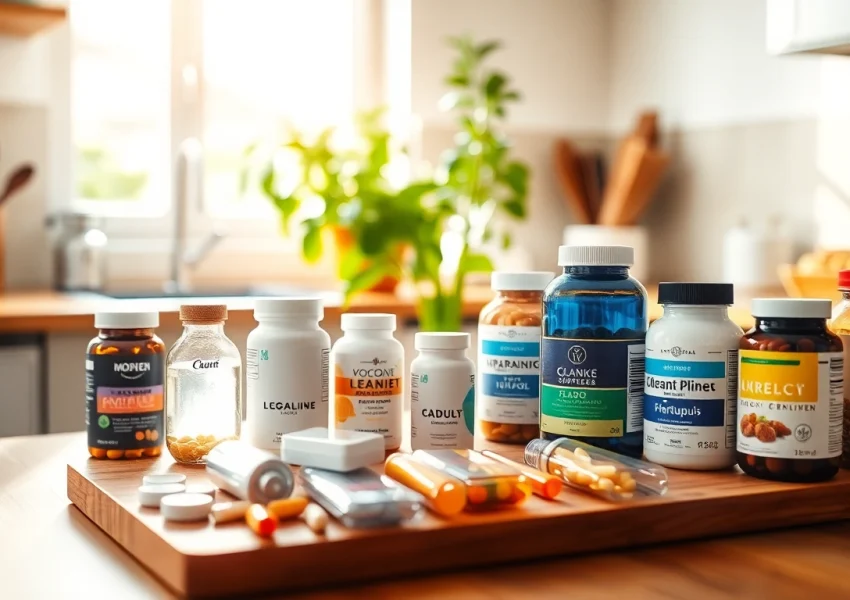 Showcase of dietary supplements in a vibrant kitchen setting, emphasizing health and wellness.