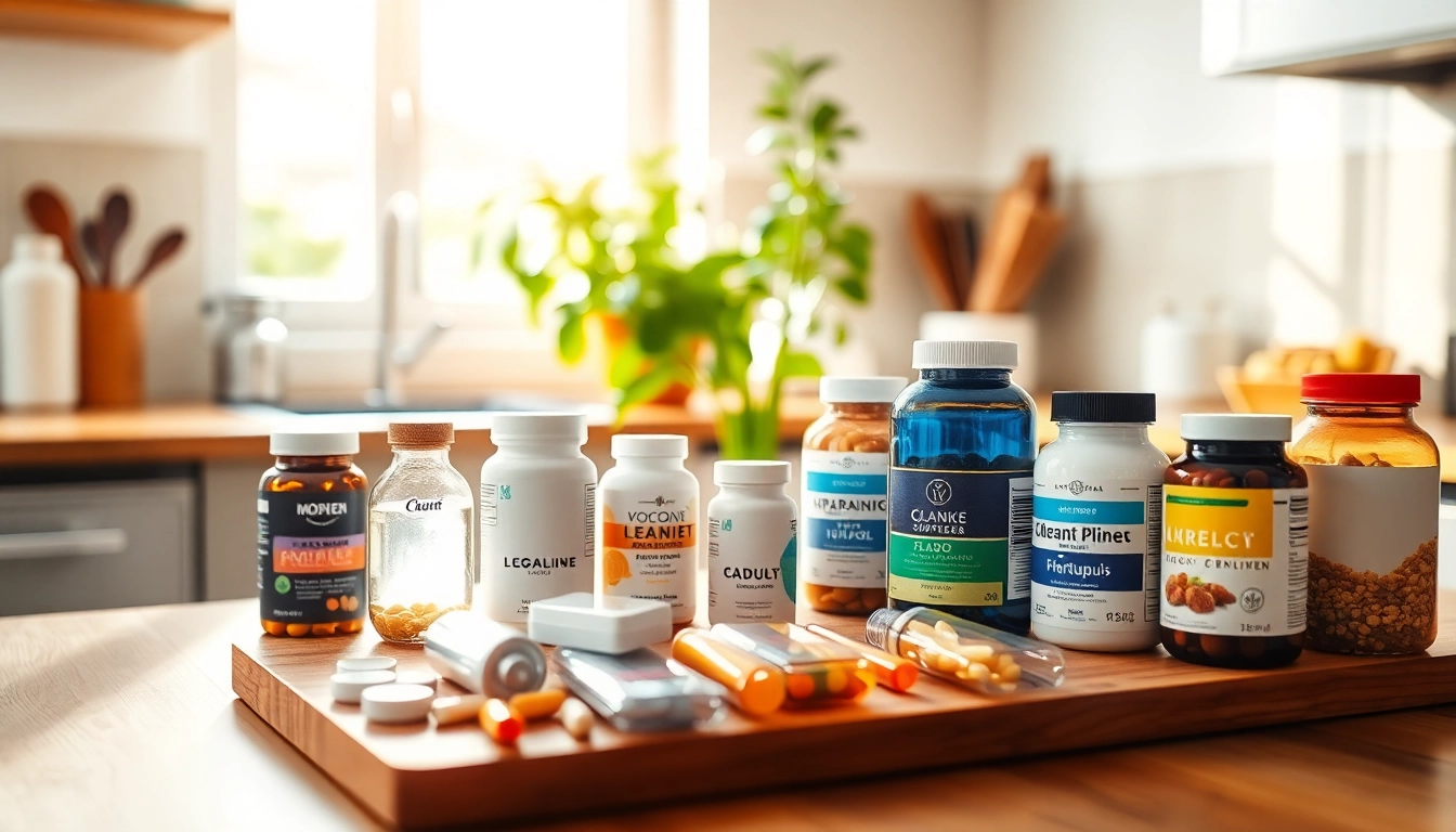 Showcase of dietary supplements in a vibrant kitchen setting, emphasizing health and wellness.