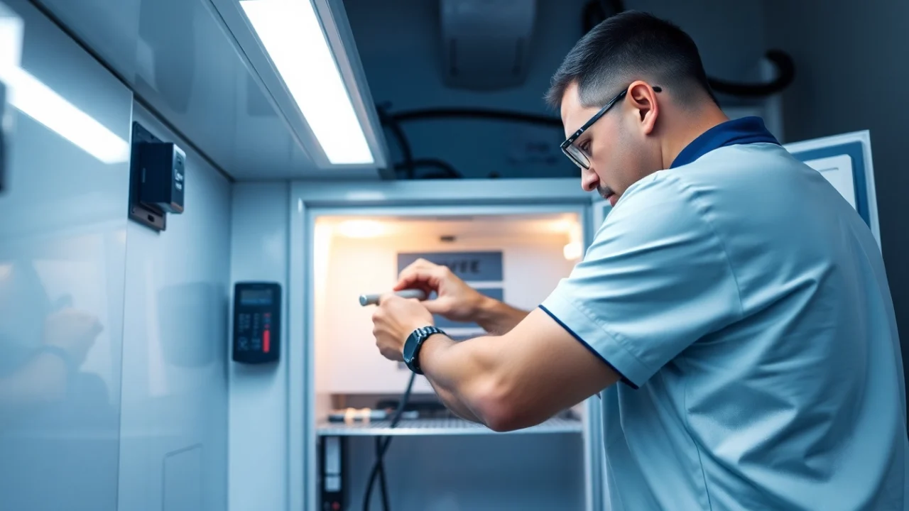 Expert technician performing walk in freezer repair with precision tools in a cool environment.