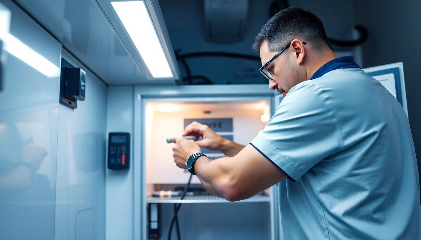 Expert technician performing walk in freezer repair with precision tools in a cool environment.