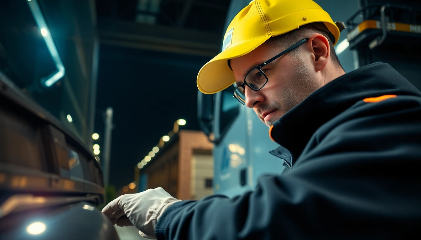 Technician providing 24/7 emergency truck repair service at night with tools and illuminated truck.