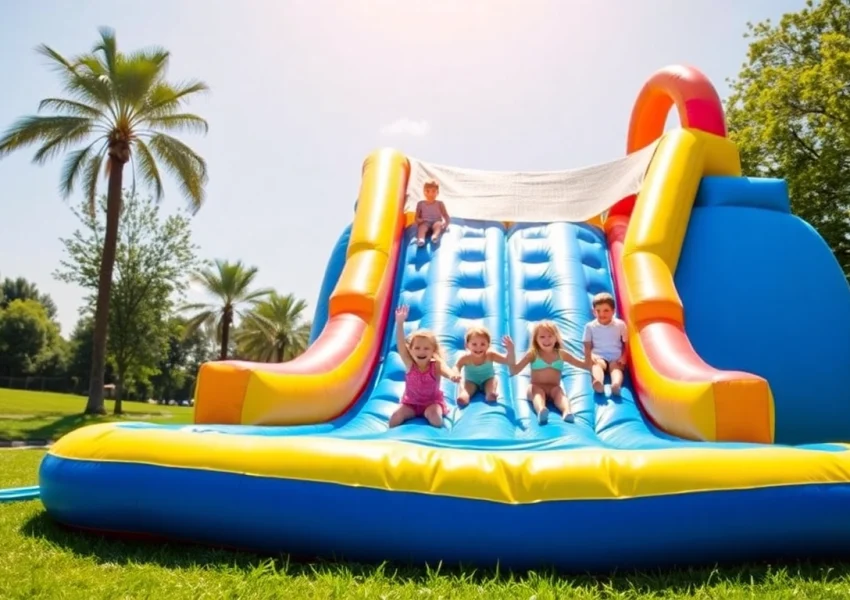 Children enjoying an inflatable slide rental at a summer event, filled with color and excitement.