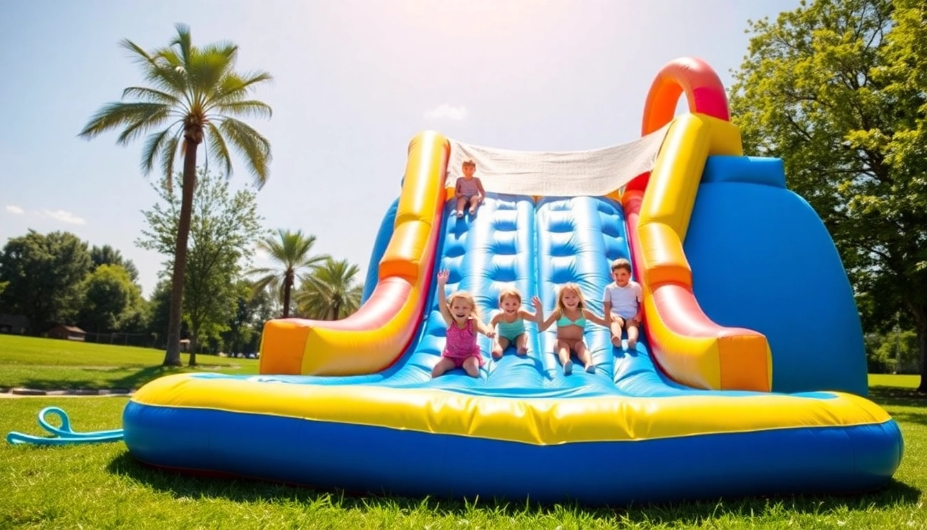 Children enjoying an inflatable slide rental at a summer event, filled with color and excitement.