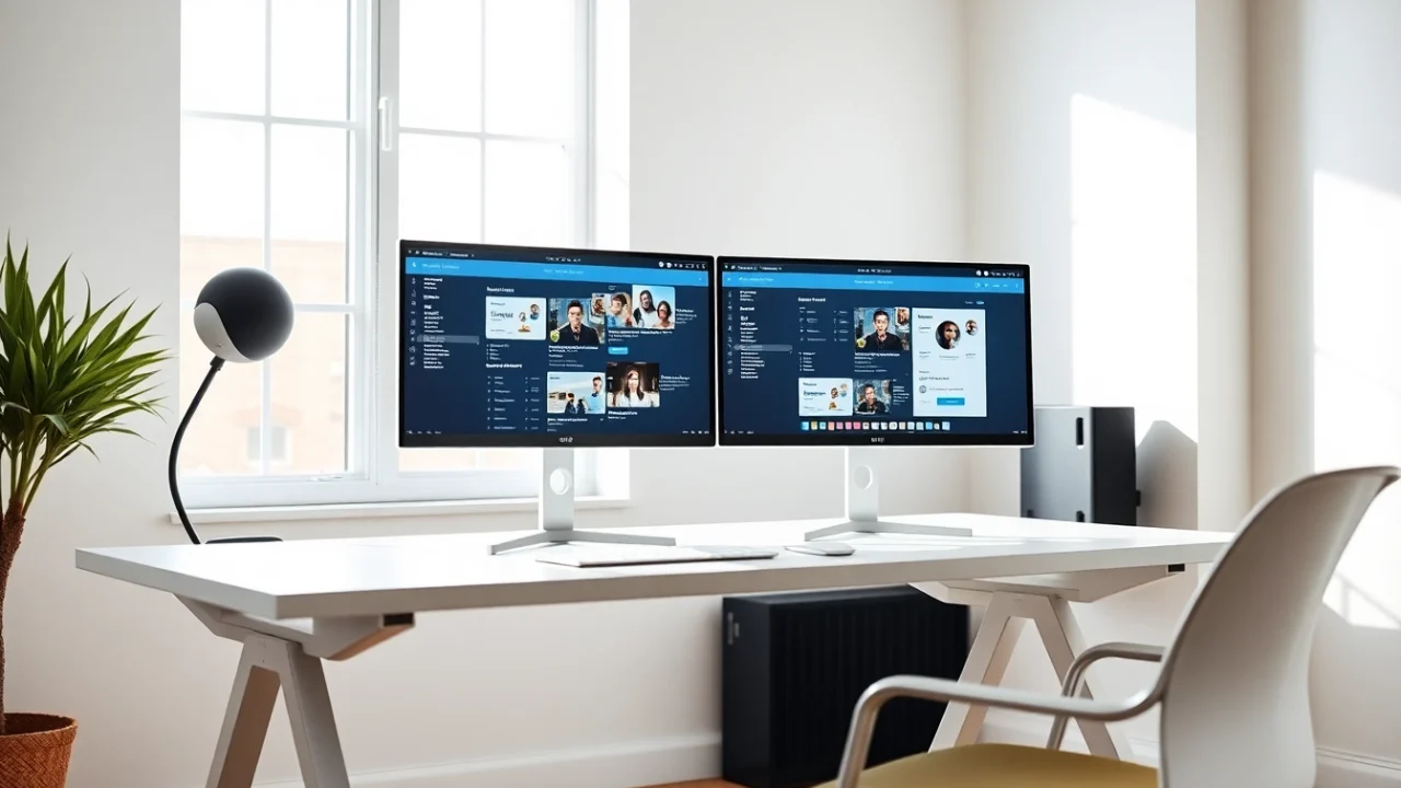 Set up a dual monitor install featuring a sleek office setup with organized workspace elements.