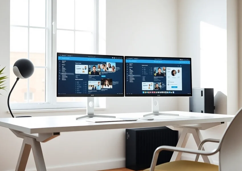 Set up a dual monitor install featuring a sleek office setup with organized workspace elements.