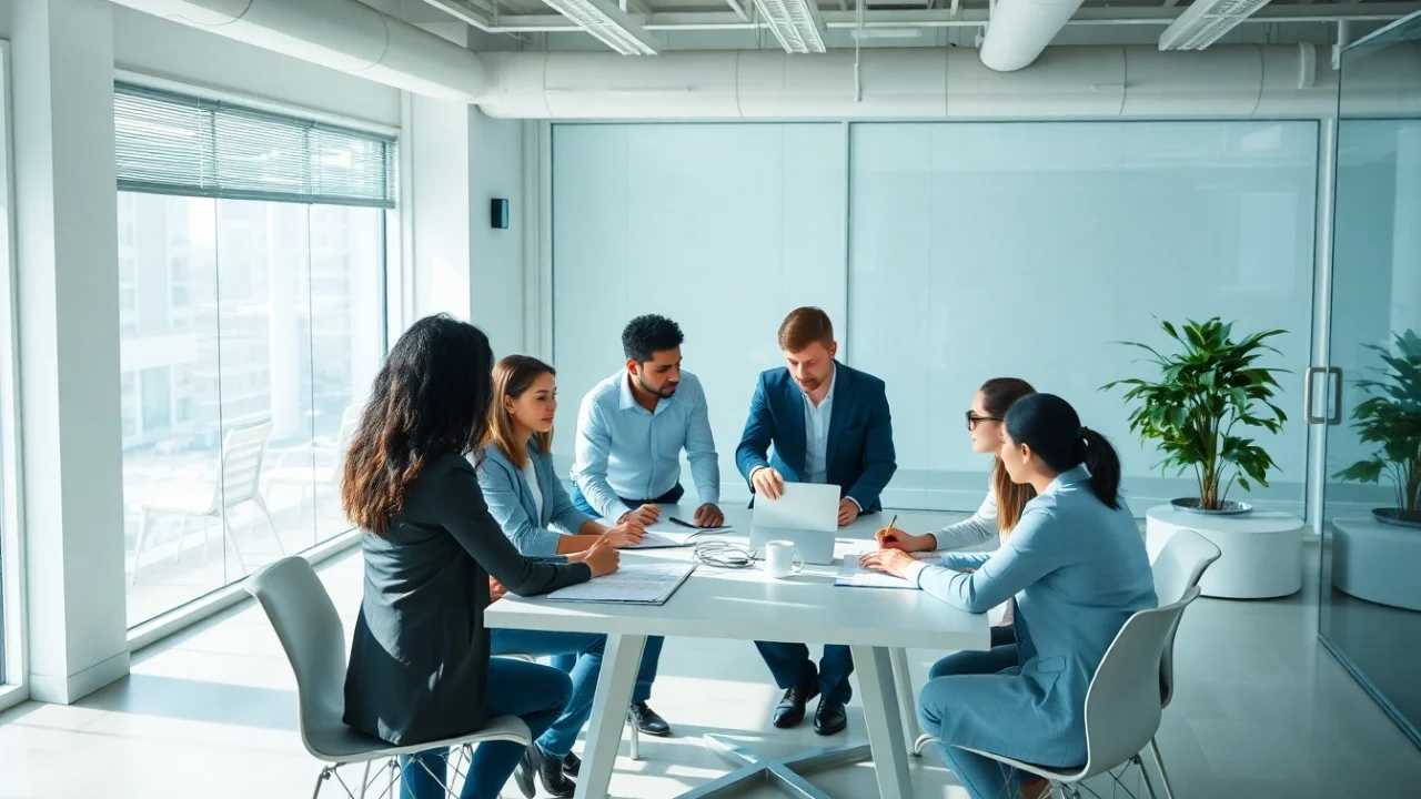 Team brainstorming outsourcing strategies in a modern office with diverse professionals.